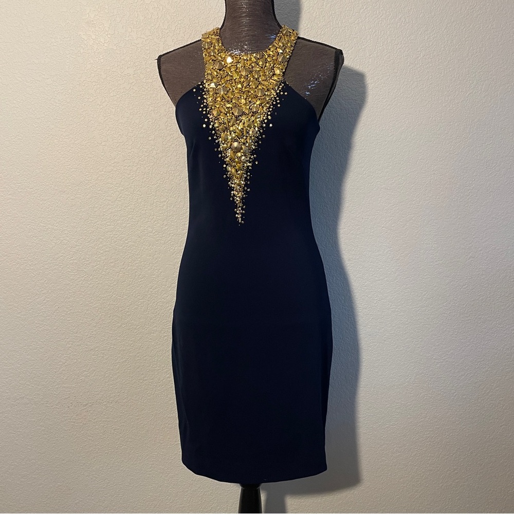 JS Boutique Navy and Gold Sequin Halter Mini Dress